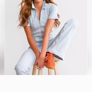 Free People Jayde Denim Flared Jumpsuit in light blue